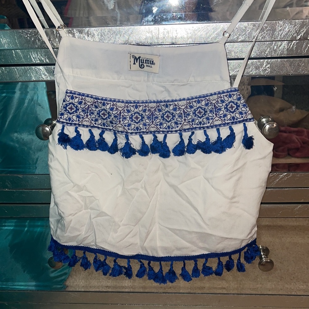 Show me your mumu white and blue tassel tank WILL BE DONATED SOON